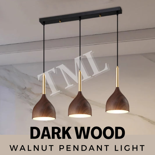 Linear Dark Wood Print Walnut Japanese Design 3Head Pendant Light E27 Dining Island TML