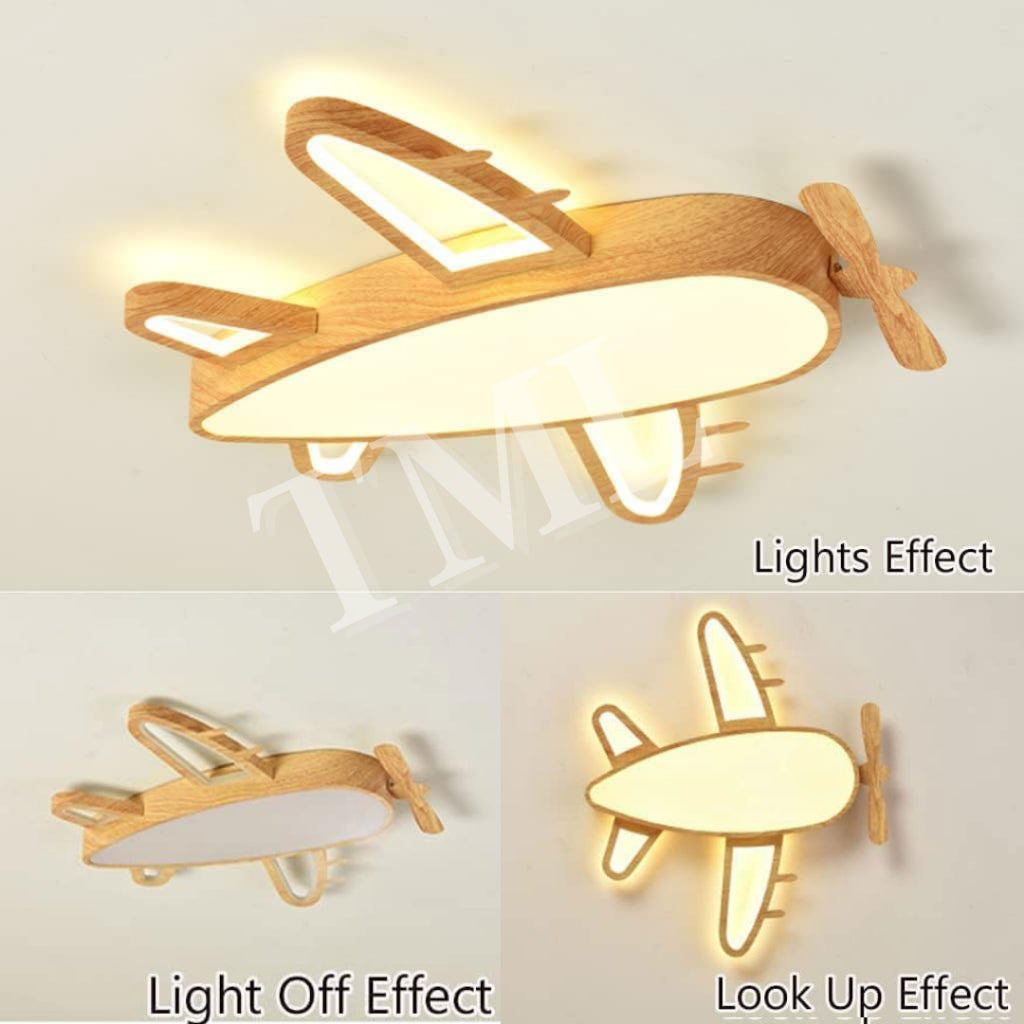 Modern Wood Print Airplane Aircraft LED Ceiling Light Fixture for Boys Girls Kids Bedroom and Nursery TML