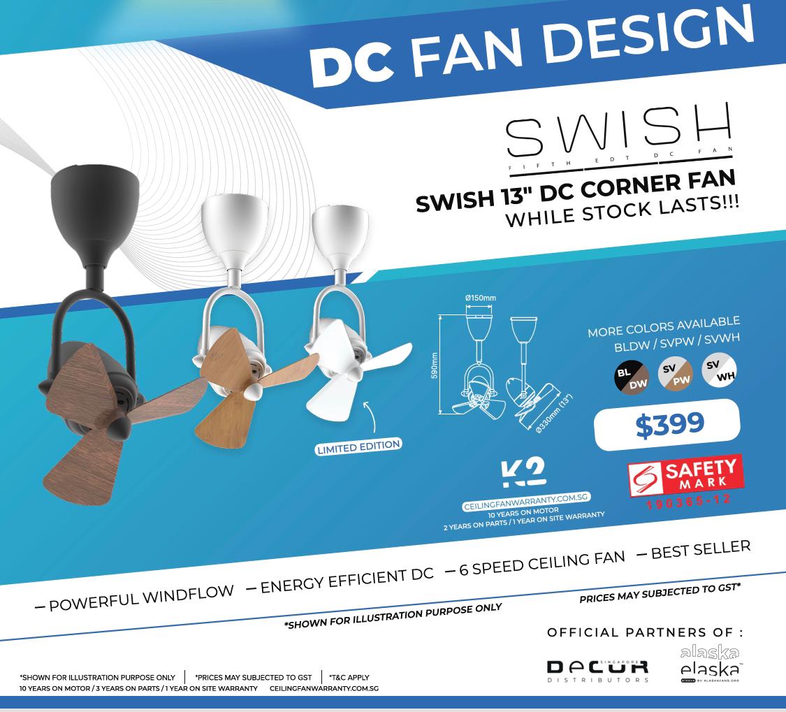 Alaska SWISH 13″ CORNER DC CEILING FAN Dark Wood Parquet Wood White